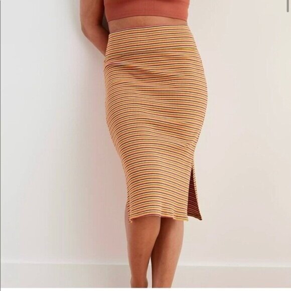 Aerie Striped Midi Skirt - Orange and White - Picture 1 of 6